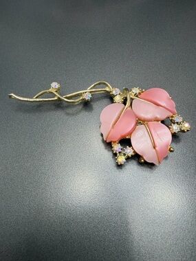 Vintage Pink Thermoset Bouquet Brooch with AB crystal  Accents